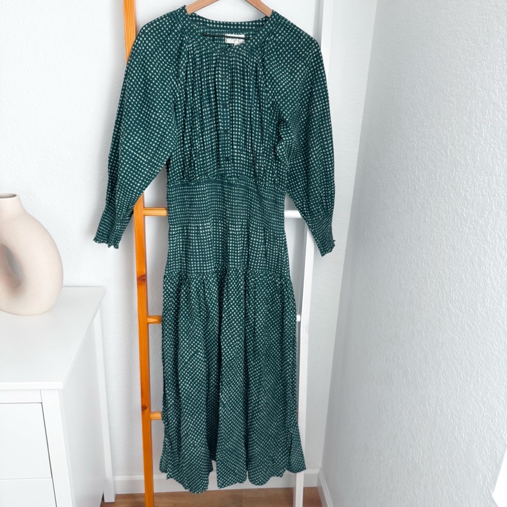 Apiece Apart La Ventura Maxi Dress Green Smocked Long Sleeves Mini Gingham - Picture 4 of 11